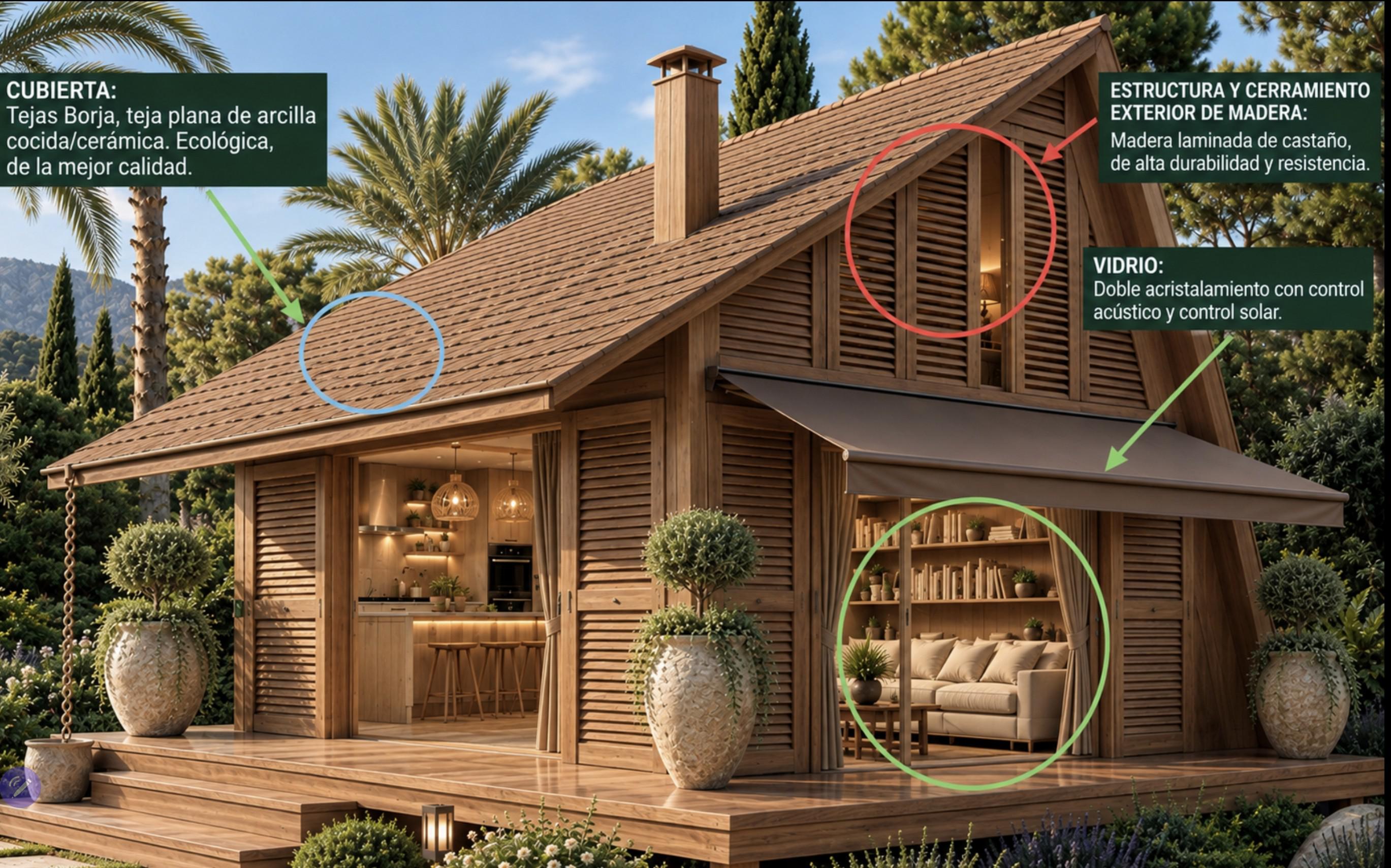 Cabaña con detalle de cubierta, estructura de madera y acristalamiento