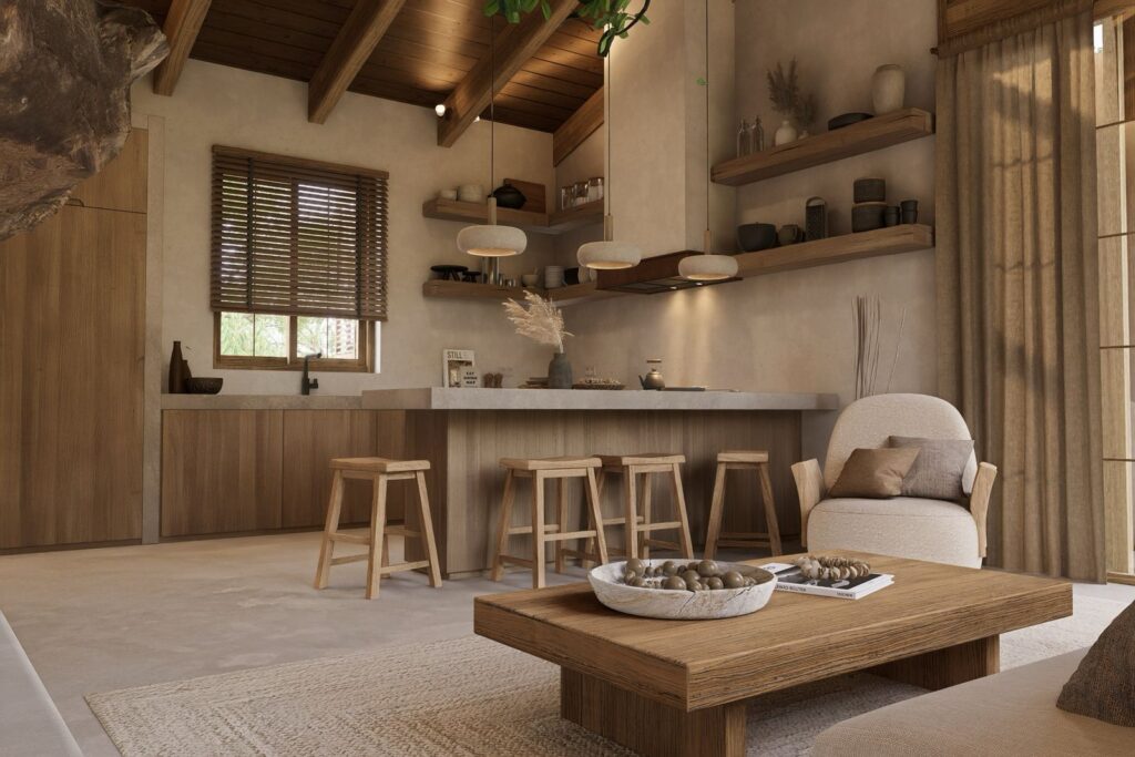 Cocina abierta en madera natural